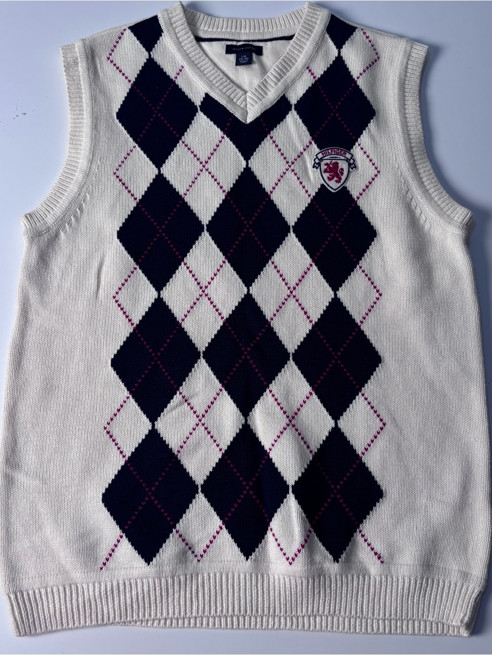 Tommy Hilfiger Cream Argyle V-Neck Sweater Vest with Navy and Red Accents